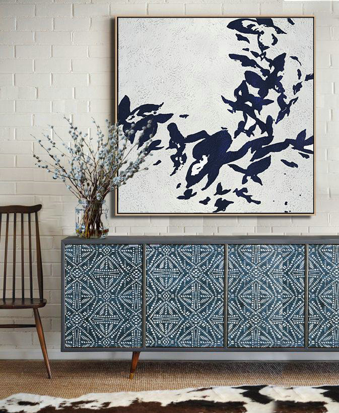 Large Oil Canvas Art,Minimalist Navy Blue And White Painting,Large Canvas Art,Modern Art Abstract Painting